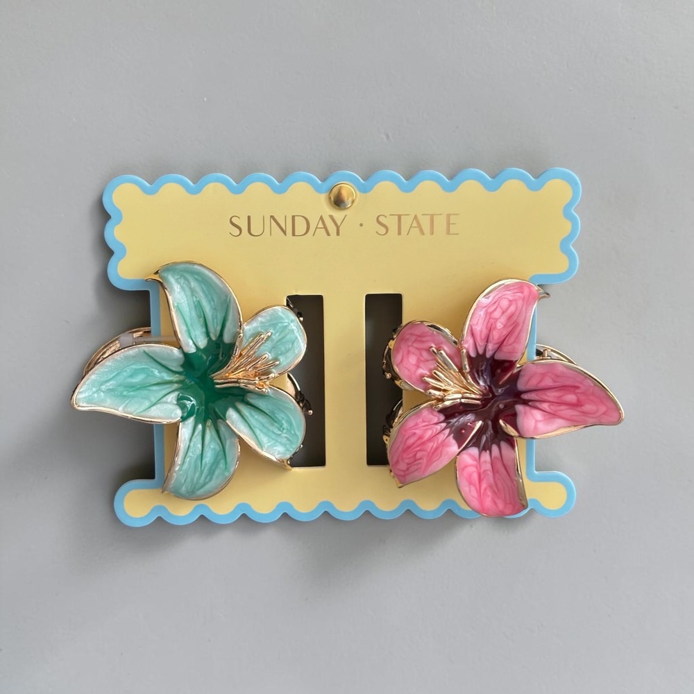 Sunday State Hair Claw Clips 2-pack Teal Pink Lily Enameled Gold Toned Metal New